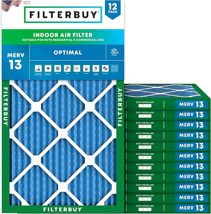Filterbuy 10x30x1 Air Filter MERV 13 Optimal Smoke & Allergy Defense (12-Pack), Electrostatic Pleated HVAC AC Furnace Filters Replacement (Actual Size: 9.50 x 29.50 x 0.75)