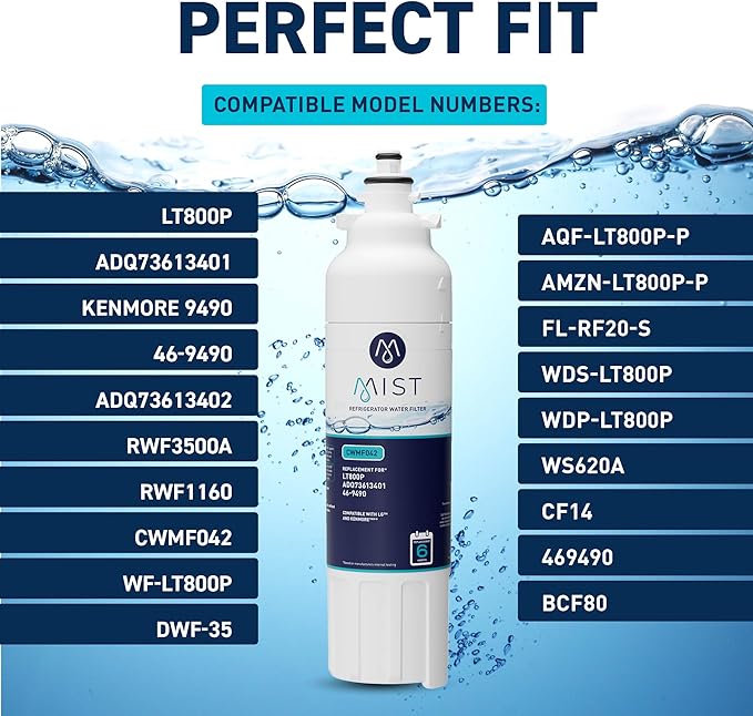Mist ADQ73613401 Refrigerator Water Filter Replacement for LG LT800P, ADQ73613402, Kenmore 46-9490, Fridge LSXS26326S – NSF 42 Certified – 2 Pack