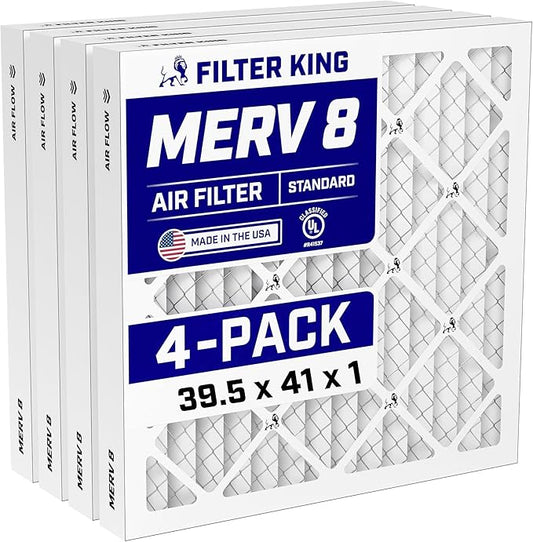Filter King 39.5x41x1 Air Filter (MERV 8) (4-Pack) Dust & Allergy Control AC Furnace Filters, MADE IN USA, HVAC, Pleated, Electrostatic (Actual Size: 39.5 x 41 x .75)