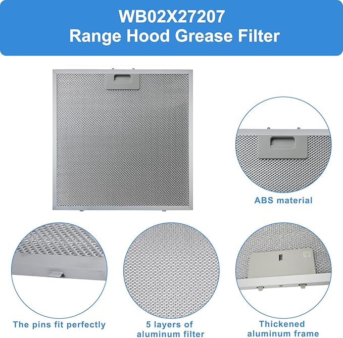 WB02X27207 Range Hood Grease Filters Compatible with GE Range Vent Hood JVX5300BJ1TS JVX5300DJ1BB JVX5300DJ1WW Replace For 4463981 PS11771771 EAP11771771-2 Pack 13.77 x 13.77 x 0.39 Inches