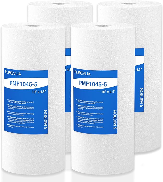 10" x 4.5" Whole House Sediment Water Filter, 5 Micron PP Melt Blown Replacement Cartridge for Well Water, Compatible with GE FXHTC, DGD-5005, RFC-BB, W15-PR, Blue/Clear Housing, 4-Pack