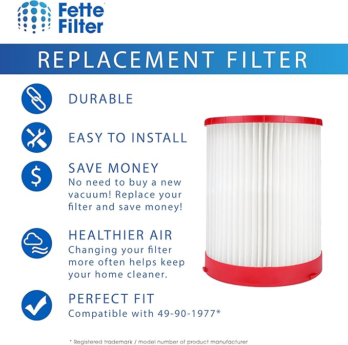 Fette Filter - 49-90-1977 Large Wet/Dry Vacuum HEPA Filter Compatible with Milwaukee M18 Fuel Wet/Dry Vacuums Models 0910-20, 0920-20, 0920-22HD, 0930-22HD, 0931-20 - Part # 49-90-1977 Pack of 2
