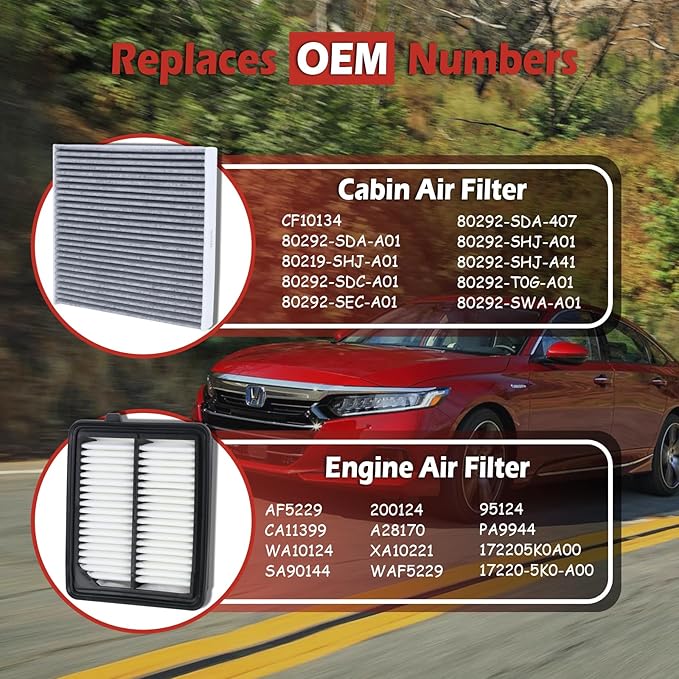 17220-5K0-A00 Engine Air Filter and 80292-SDA-A01 Cabin Air Filter kit Compatible with 2014-2015 2017-2022 Honda Accord L4 2.0L Hybrid Replaces WA10124 CA11399 CF10134 80292-SDA-407