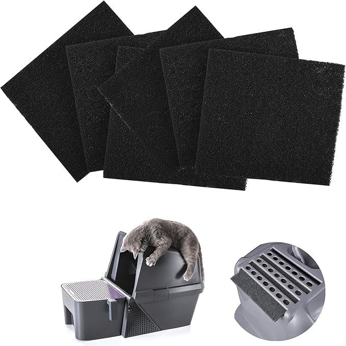 Carbon Filter Replacement Pads for Cat Litter Box, Black, 6 Pack, 4.53x4.13 Inch, Activated Charcoal Odor Control Filters for Hooded Litter Trays