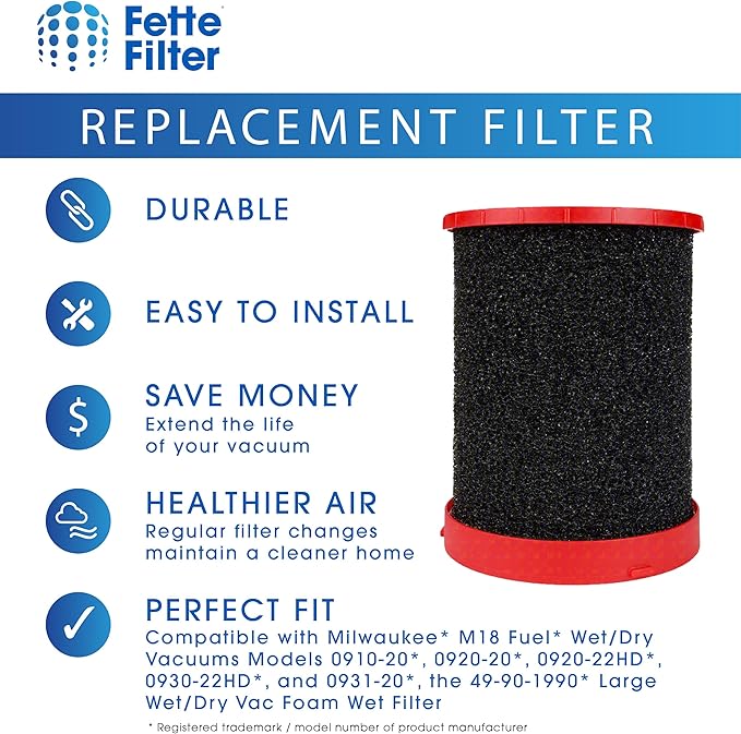 Fette Filter - 49-90-1990 Large Wet/Dry Vac Foam Wet Filter Compatible with Milwaukee M18 Fuel Wet/Dry Vacuums Models 0910-20, 0920-20, 0920-22HD, 0930-22HD, 0931-20 - Part # 49-90-1990 Pack of 2