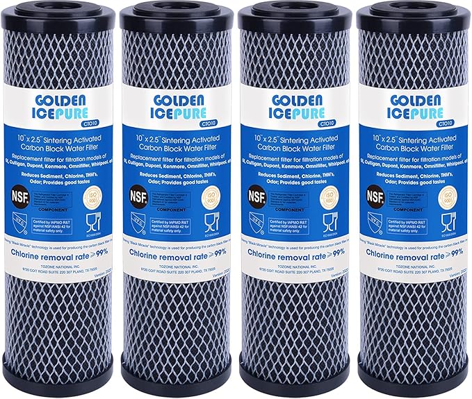GOLDEN ICEPURE 1 Micron 2.5" x 10" Whole House CTO Carbon Sediment Water Filter Compatible with Dupont WFPFC8002, WFPFC9001, FXWTC, Culligan P5-D, WHCF-WHWC, D-10A, DWC30001, SCWH-5, 4PACK
