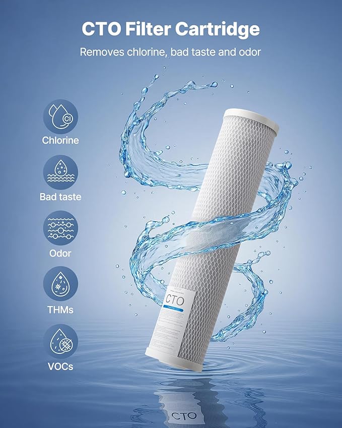 VEVOR CTO Whole House Water Filter, 20 x 4.5 Inch Universal Fit, Activated Carbon Block Cartridge Replacement, 5 Micron Coconut Shell Charcoal Filters, Reduces Chlorine, Taste & Odor, 2 Pack