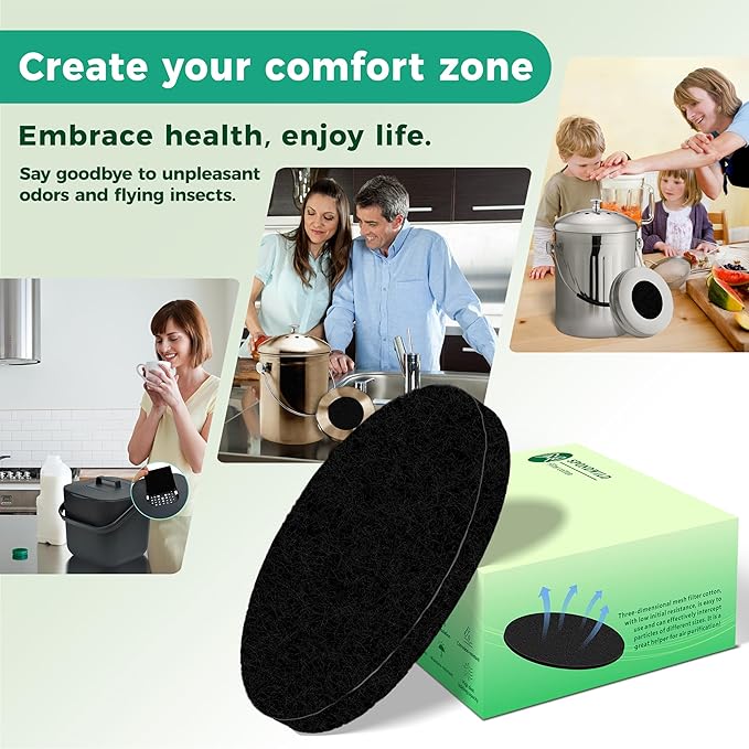 7 Pack 6.7 Inch Round Fiber Cotton Activated Charcoal Compost Filters - Odor Control Replacement for Kitchen Compost Bins, Countertop Compost Bin & Compost Bucket