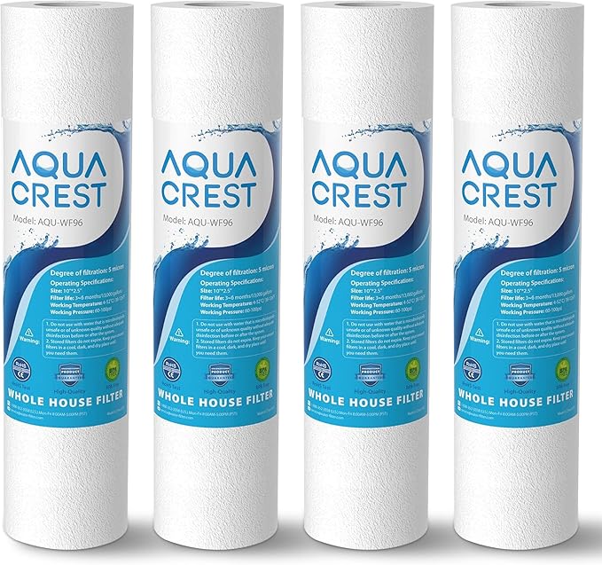 AQUA CREST AP110 Whole House Water Filter, Sediment Filter, 5 Micron, Replacement for 3M® Aqua-Pure AP110, Culligan® P5, APEC, GE FXUSC, Whirlpool®, Any 10" x 2.5" Home Water Filter, Pack of 4