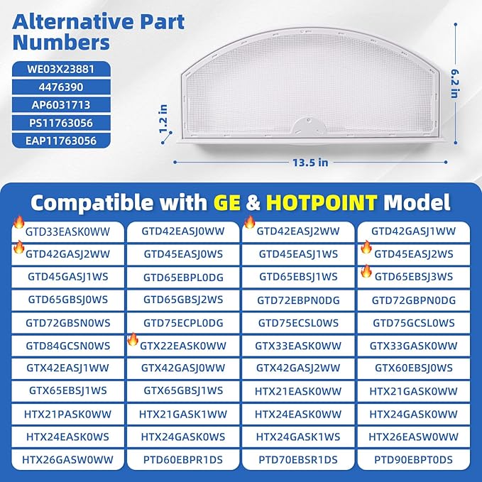 WE03X23881 Dryer Lint Trap Replacement for GE Hotpoint GTD65EBSJ3WS GTD45EASJ2WS GTD42EASJ2WW GTD42GASJ2WW GTD33EASK0WW GTX22EASK0WW Dryer Lint Screen Replacement, With Dry Lint Cleaning Brush & Hooks