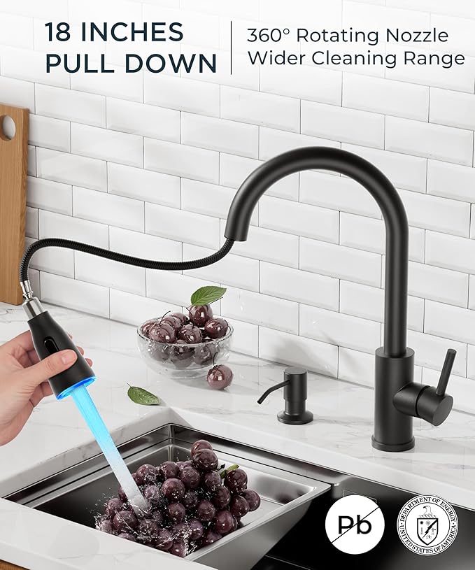 FORIOUS LED Kitchen Faucet with Soap Dispenser and Pull Down Sprayer, Matte Black High Arc Single Handle 3 Modes Stainless Steel Bar Faucet for Kitchen Sink RV Laundry Camper