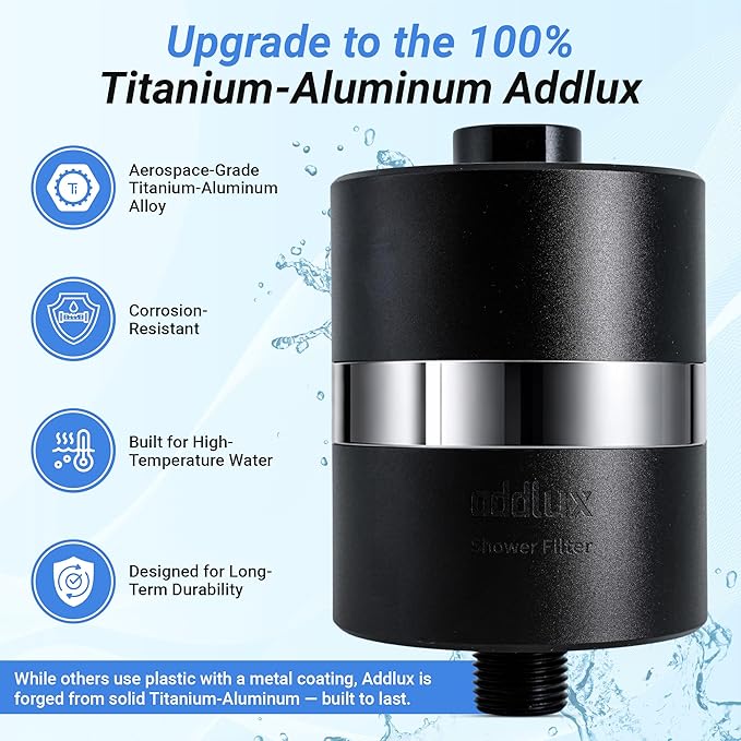 ADX-PRO-7 Long Lasting Titanium Aluminum Shower Filter – Independently Tested to NSF/ANSI 177 Standards, Reduces 99% Chlorine & Heavy Metals, Water Softener Filter (Black, 1 Filter & Tool Kit)