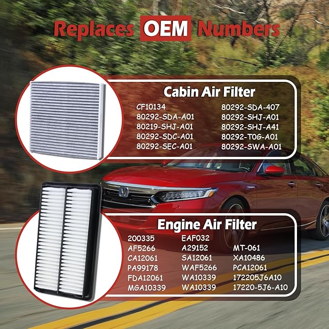 17220-5J6-A10 Engine Air Filter and 80292-SDA-A01 Cabin Air Filter kit Compatible with 2016-2022 Pilot 2019-2025 Passport 2017-2025 Ridgeline 2016-2020 MDX Replaces CA12061 CF10134 80292-SDA-407