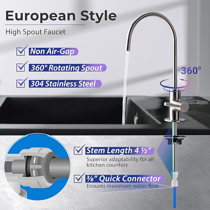 iSpring GA3-BN Drinking Water Faucet with 3/8" Connector, Heavy Duty Lead-Free Reverse Osmosis Faucet for RO System, Non-Air Gap 100% Stainless Steel RO Faucet, Brushed Nickel Finish