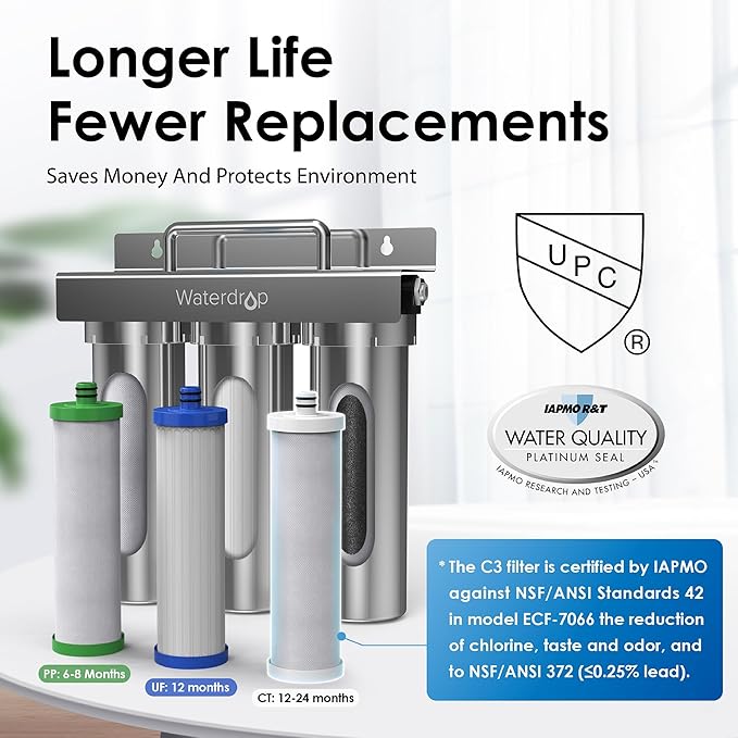 Waterdrop Under Sink Water Filter Replacement for TST-UF, 2 PP + 1 Ultra Filtration + 1 Carbon Water Filter