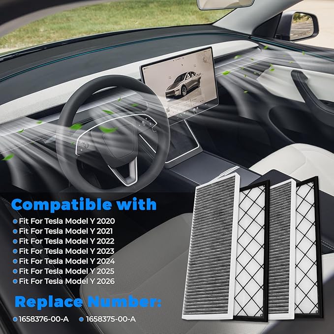 Model Y Air Filter Compatible With Tesla Y 2020 2021 2022 2023 2024 2025 2026,Activated Carbon Air Intake Filter Replace# 1658376-00-A/1658375-00-A (Not Fit for Tesla Model Y Long Range RWD 2021)