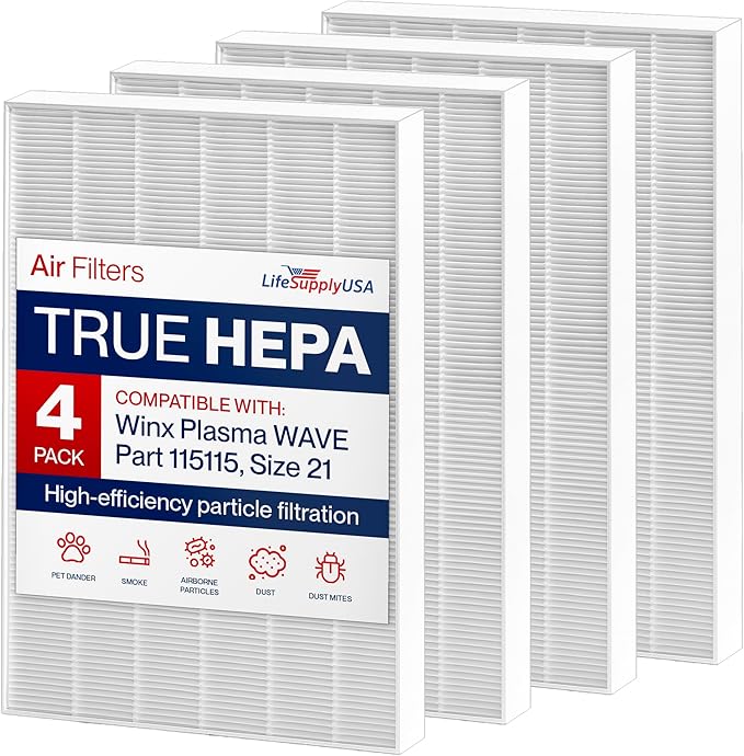 115115 4 HEPA Filter A Replacement for C535, 5300, 5300-2, 5500, 5500-2, 6300, 6300-2, P300, AM90, C909, 9800 Compatible with Winix Air Purifier Filter Replacement Plasmawave Size 21 by LifeSupplyUSA