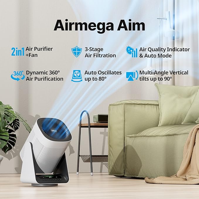 COWAY Air Purifier for Home Bedroom, 2-in-1 with Fan, Particulate Filter for Smoke, Allergies, Dander, Odor, Air Quality Monitor, Auto Mode, Remote Control, Timer, 3-Year Warranty, Aim, Marshmallow