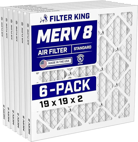 Filter King 19x19x2 Air Filter (MERV 8) (6-Pack) Dust & Allergy Control AC Furnace Filters, MADE IN USA, HVAC, Pleated, Electrostatic (Actual Size: 19 x 19 x 1.75)