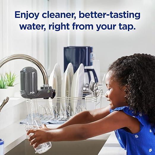 PUR Plus Vertical Faucet-Mount Water Filtration System, Lead-Reducing Filter, Easy Installation, 100-Gallon Capacity, Compatible with External Aerators, Grey