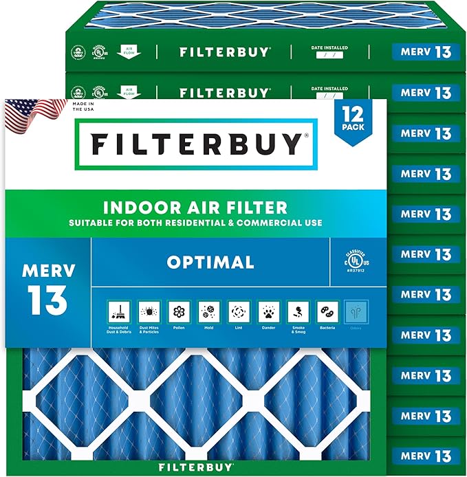 Filterbuy 12x12x2 Air Filter MERV 13 Optimal Smoke & Allergy Defense (12-Pack), Electrostatic Pleated HVAC AC Furnace Filters Replacement (Actual Size: 11.50 x 11.50 x 1.75)
