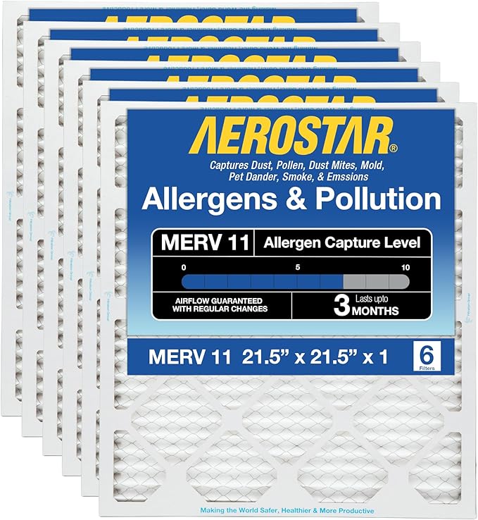 Aerostar 21.5x21.5x1 MERV 11 Air Filter, Pleated AC Furnace HVAC Filters (21.5x21.5x0.75), for Allergies Asthma Dust Pet Dander Smoke Bacteria Viruses, MPR 1500 FPR 10, USA, 6 Pack