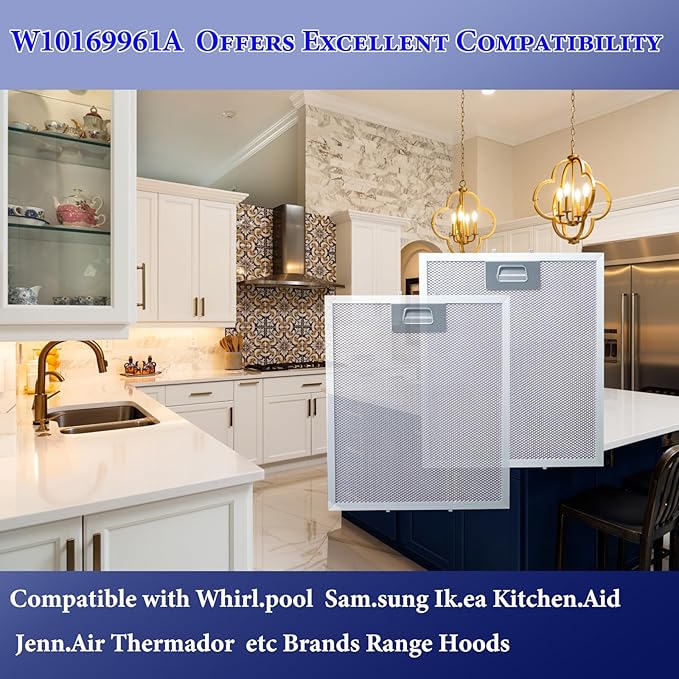 Upgraded W10169961A Range Hood Filter Fit for whirl-pool Range Hood Filter and Samsung Kitchen Aid GE Ikea Thermador etc the stove vent hood filters by size12"x10.5" 2pack