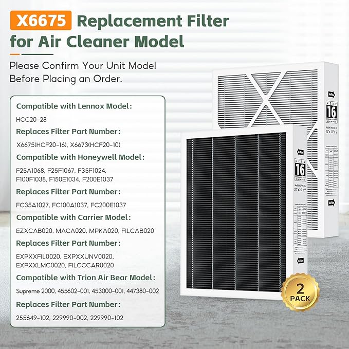 2 Pack 6675 20x25x5 MERV 16 Air Filter Compatible with 20x25x5 Healthy Climate Carbon-Clean 6675 MERV 16 Filter for HVAC System, Replaces Part # HCF20-16, HCF20-10
