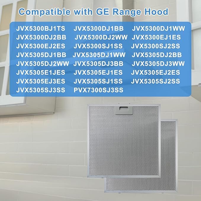WB02X27207 Range Hood Grease Filters Compatible with GE Range Vent Hood JVX5300BJ1TS JVX5300DJ1BB JVX5300DJ1WW Replace For 4463981 PS11771771 EAP11771771-2 Pack 13.77 x 13.77 x 0.39 Inches