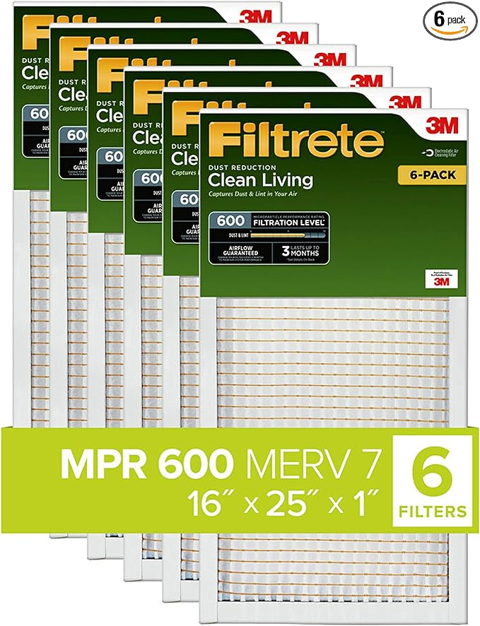 Filtrete 16x25x1 Air Filter, MPR 600, MERV 7, Clean Living Dust Reduction 3-Month Pleated 1-Inch Air Filters, 6 Filters