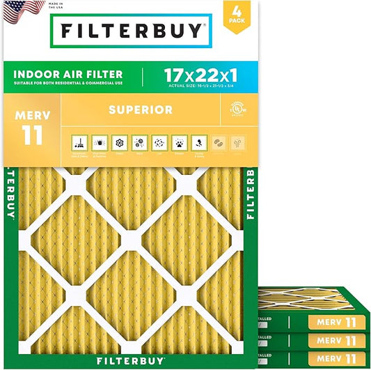 Filterbuy 17x22x1 Air Filter MERV 11 Superior Pet & Allergy Defense (4-Pack), Electrostatic Pleated HVAC AC Furnace Filters Replacement (Actual Size: 16.50 x 21.50 x 0.75)