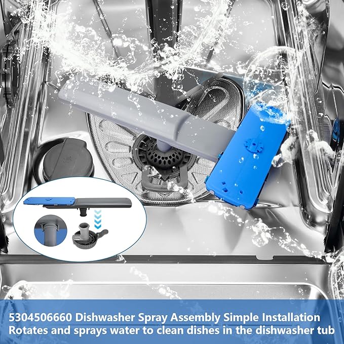 5304506660 Dishwasher Lower Spray Arm Replacement for Frigidaire AP6038456 154830302 154830303, with 5304518968 Spray Arm Support & 5304506518 Trap Drain Filter Assembly