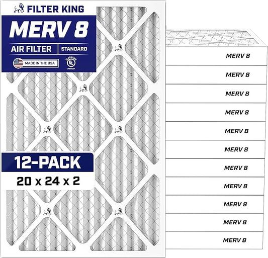 Filter King 20x24x2 Air Filter (MERV 8) (12-Pack) Dust & Allergy Control AC Furnace Filters, MADE IN USA, HVAC, Pleated, Electrostatic (Actual Size: 19.5 x 23.5 x 1.75)