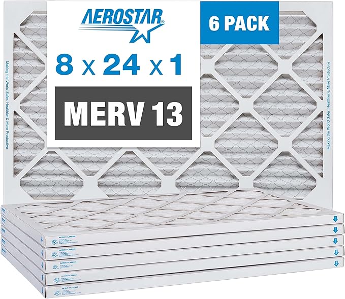 Aerostar 8x24x1 MERV 13 Air Filter, Pleated AC Furnace HVAC Filters (8x24x1), for Allergies Asthma Dust Pet Dander Pollen Smoke Bacteria, MPR 1200 FPR 7, USA, 6 Pack
