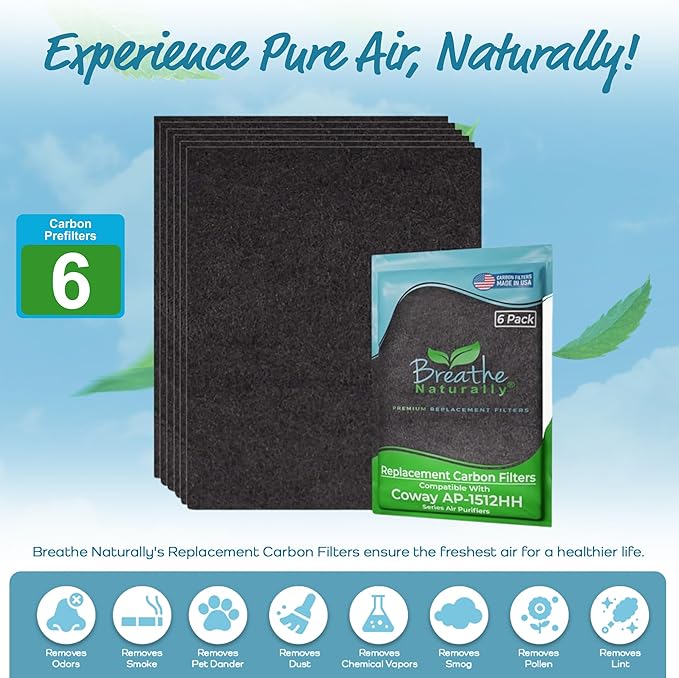 Breathe Naturally Replacement Filter Compatible with Coway AP-1512HH Series Air Purifiers - Air Purifier Carbon Filter - Activated Charcoal Filter Sheets - 15”x13”x0.2” (Pack of 6 Carbon Prefilters)