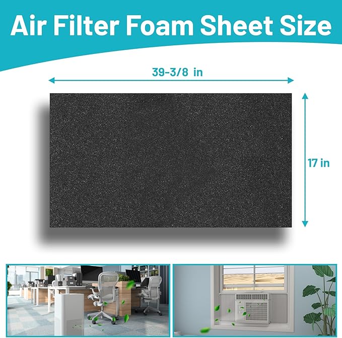 Cut to Fit Foam Pad Pre Filter, 17"x 39.4" Air Filter Foam Sheet, Filter Replacement for Air Conditioners, Air Purifiers, Dehumidifiers, Range Hoods, Trash Cans, 3D Printers, 1 Pack