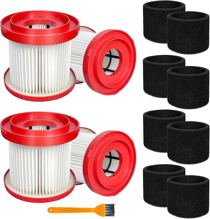 4 Pack 49-90-1900 HEPA Filter Compatible with Milwaukee Cordless M18 Vacuum 0780-20 0880-20, with 8 Foam Sleeve Filters & 1 Brush