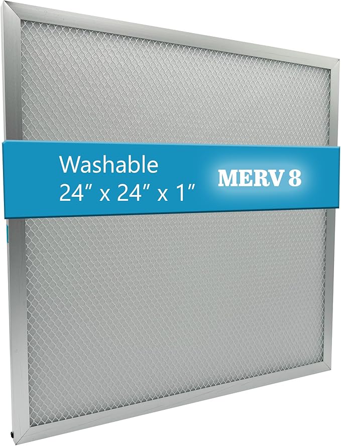 Washable Electrostatic Furnace Air Filter, MERV 8, (24" x 24" x 1") Aluminum Reusable Filter for Furnace, Central AC, and HVAC System