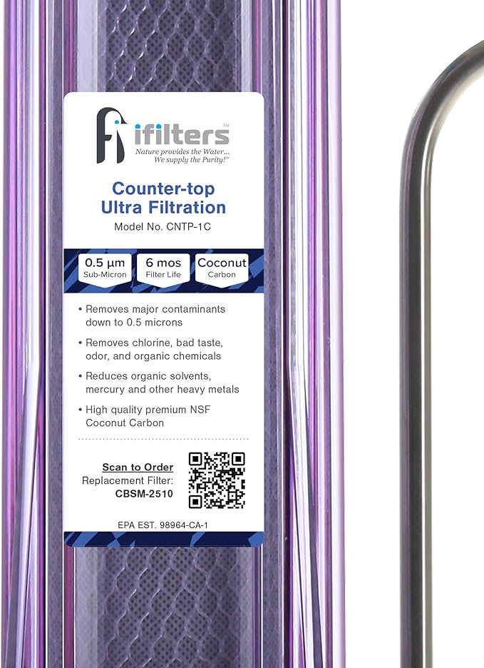 iFilters CNTP-1C Countertop Drinking Water Filtration System with NSF 0.5 Micron Coconut Carbon Filter & Faucet Adapter | Reduces Chlorine, VOCs, Cysts, Pesticides, Bad Taste, Odor & Organic Chemicals