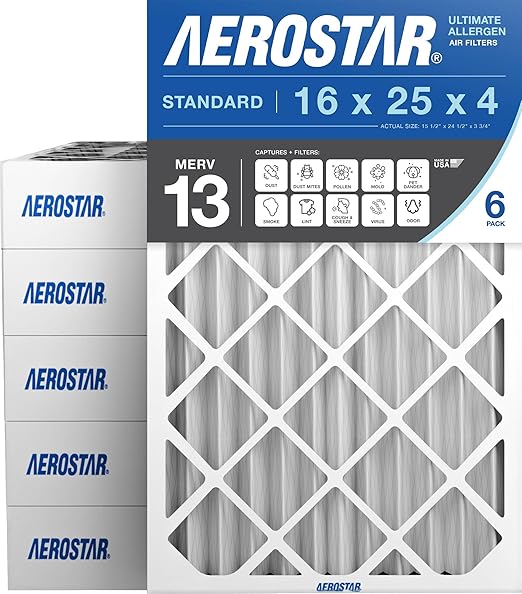Aerostar 16x25x4 MERV 13 - 6 Count - Pleated HVAC, Furnace & Air Conditioner Filters - Removes Bacteria, Dust, Cold & Flu Germs, Lint, Mold, Pet Dander, Allergy-Causing Pollen, Smog, Smoke & Viruses