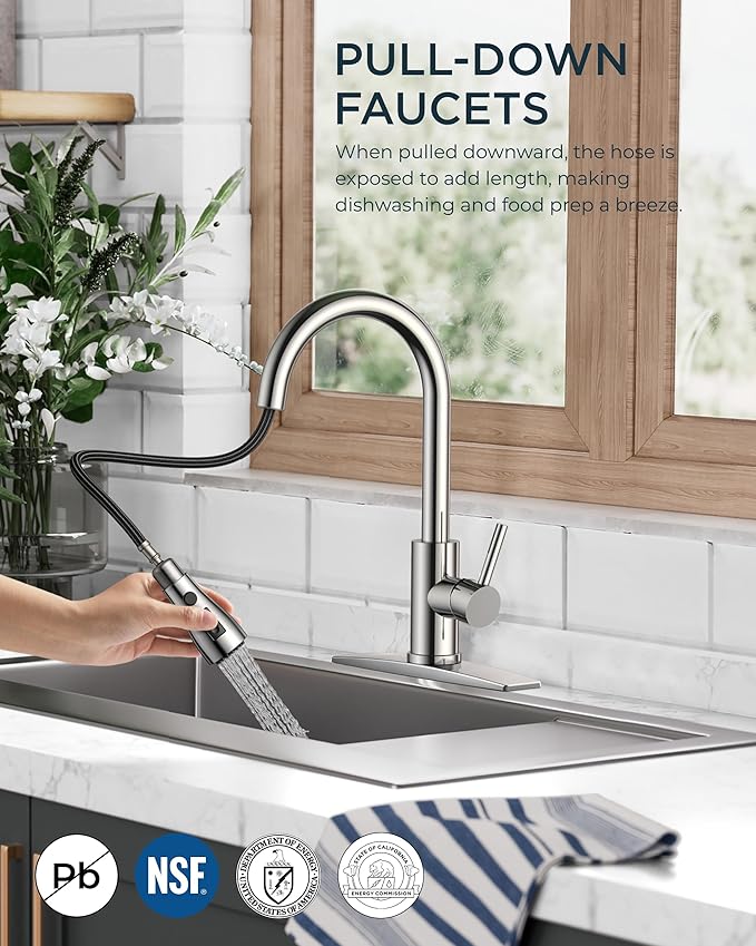 FORIOUS Kitchen Faucet with Pull Down Sprayer, Chrome, Bar High Arc Single Handle Traditional 3 Modes Stainless Steel Faucet for Kitchen Sink Farmhouse RV Laundry Camper