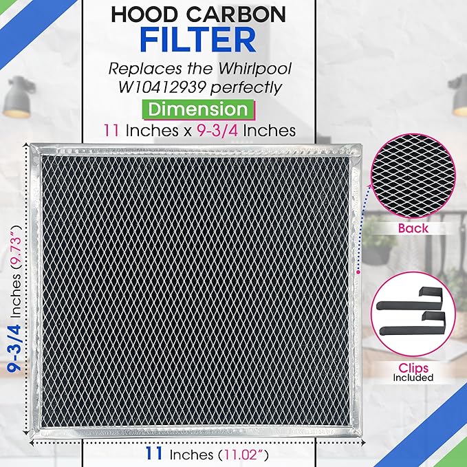 Charcoal Filter Replacement for W10412939 Whirlpool Range Hood Filter 11.02” x 9.73” - Replaces Ductless Kitchen Stove Overhead Whirlpool Vent Hood Carbon Charcoal Filters (2-Pack)