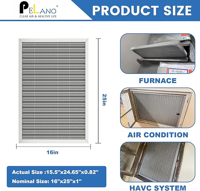 16x25x1 Reusable Air Filter, Electrostatic HVAC Air Filter, Lasts a Lifetime, Washable, Enjoy Fresher Air in Home and Office, MERV 8 (Actual Size:15.5x24.65x0.82 Inch)