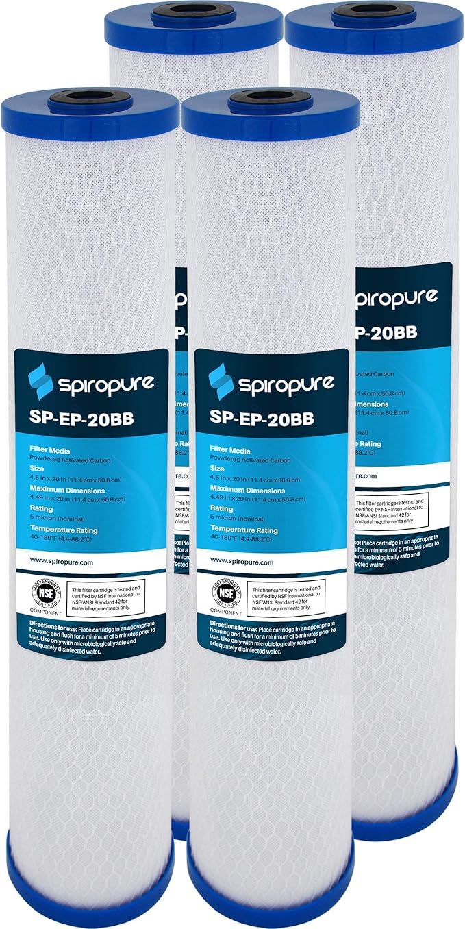 SpiroPure SP-EP-20BB 20x4.5 5 Micron NSF Certified Coconut Shell Carbon Block Water Filter Cartridge EP-20BB 155583-43 CB-45-2005 (Case of 4)