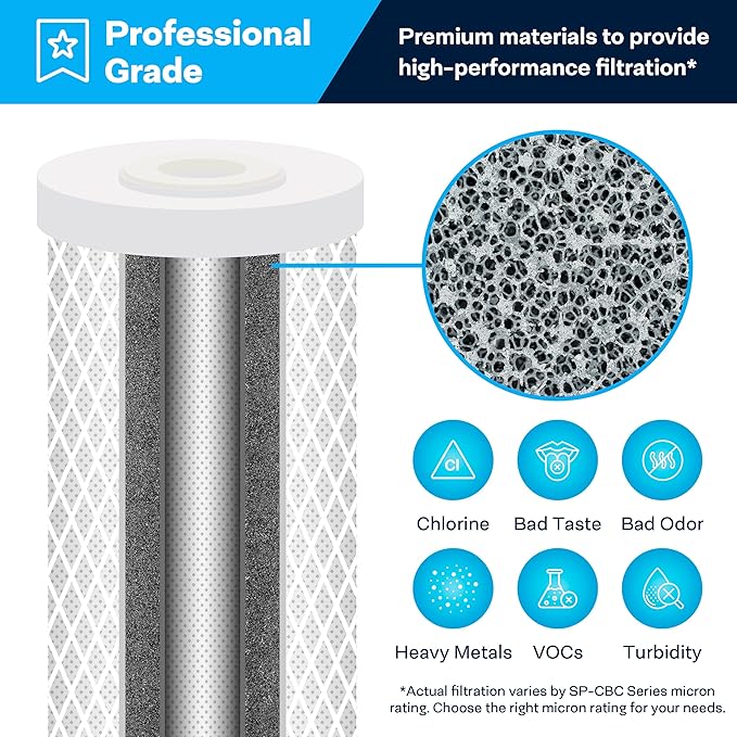 SpiroPure SP-CBC-20BB 20x4.5 1 Micron NSF Certified Coconut Shell Carbon Block Water Filter Cartridge CB-45-2001 (Case of 4)