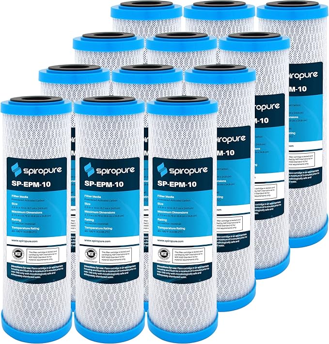 SpiroPure SP-EPM-10 10x2.5 10 Micron NSF Certified Coconut Shell Carbon Block Water Filter Cartridge EPM-10 155634-43 CB-25-1010 (Case of 12)