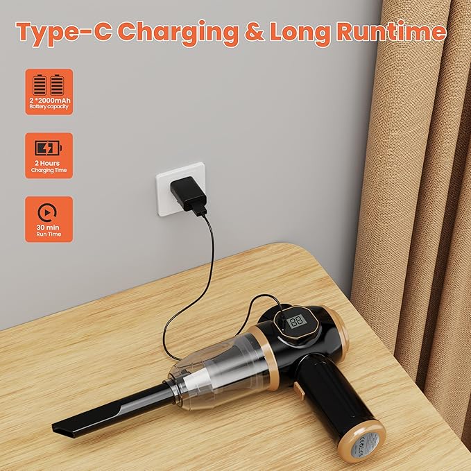 Mini Car Vacuum 15000Pa Portable Cordless Handheld Vacuum Cleaner and Air Duster with 2 Filter for Car, Sofa, Office, Pet, Home (Black & Gold)
