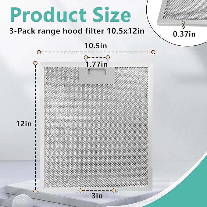 [3-Pack]Updated W10169961A Range Hood Filter Replacement,10.5 x 12 Inch 5-Layer Aluminum Mesh Grease Filters Compatible with Whirlpool, KitchenAid,Jenn-Air Vent Hoods - Efficient Grease Blocking