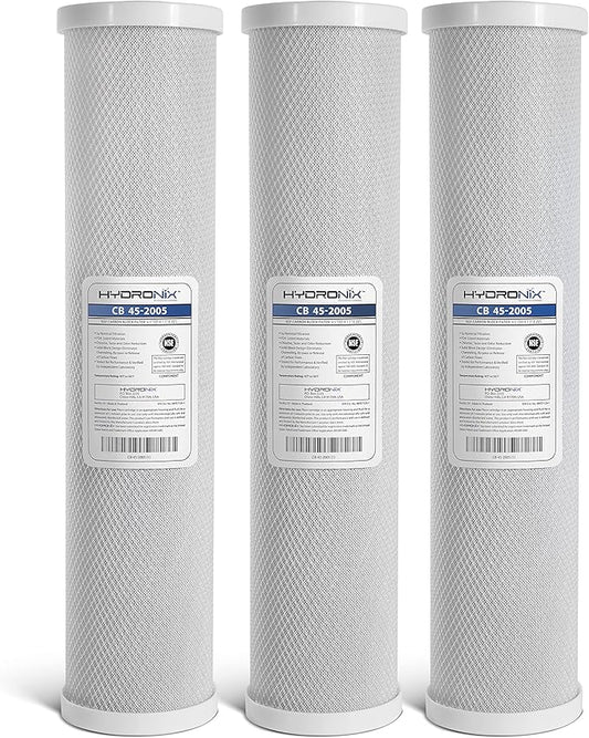 Hydronix CB-45-2005/3 Universal 4.5" x 20” Whole House Water Filter Replacement Cartridge, Commercial & Industrial NSF, Coconut Shell Activated Carbon Block CTO, 5 Micron (3 Pack)