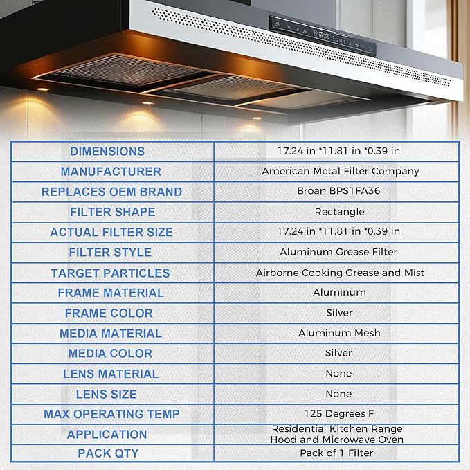 Popular BPS1FA36 Aluminum Range Hood Filter S99010300 11-3/4" X 17-1/4" X 3/8" by Romalon For NuTone Allure Replace 36" wide QS1 36" WS1 Series Range Hood